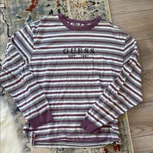 Guess Purple and White Striped Crewneck